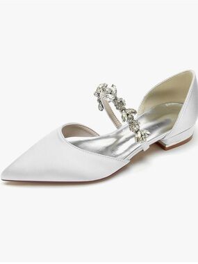 NWT Women's White Satin Pointed Jewel-Strap Flat (size 10)
